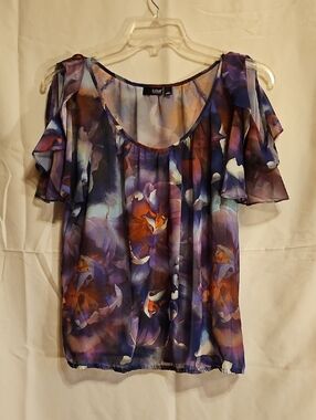 a.n.a Purple Floral Cold-Shoulder Blouse with Orange Accents
